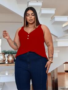 Duna Women's Plus Size Tank Top With Pearl Buttons GG G1 To G3 - 紅色 - 查看 7