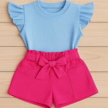 Children's Set Cropped Frufru Blouse + Linen Clochard Shorts Kit With 2 Super Stylish Pieces CJI033 - Pink and Baby Blue - View 2