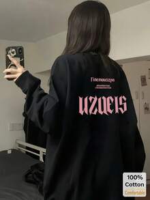 女式棉质长袖 T 恤，字母印花，宽松中长款上衣，秋冬，黑色，时尚别致