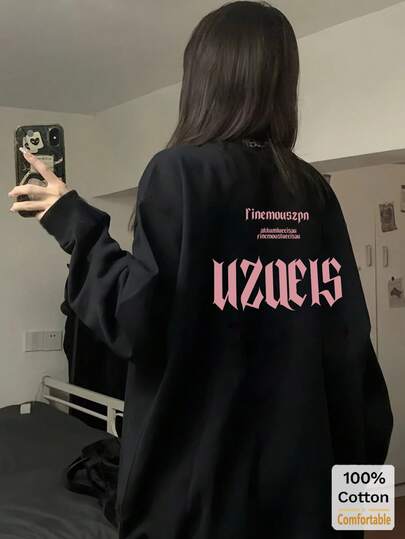 女式棉质长袖 T 恤，字母印花，宽松中长款上衣，秋冬，黑色，时尚别致