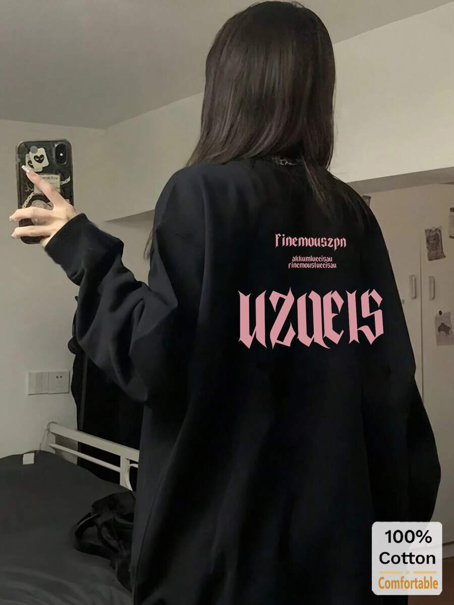 女式棉质长袖 T 恤，字母印花，宽松中长款上衣，秋冬，黑色，时尚别致