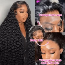 CEXXY 360 Lace Frontal Wig Human Hair 180 Density Deep Wave No Glue With Pre Plucked Baby Hair Natural Color Ponytail Bun Wig 360 Lace Frontal Wig Human Hair - Natural Black - 查看 4