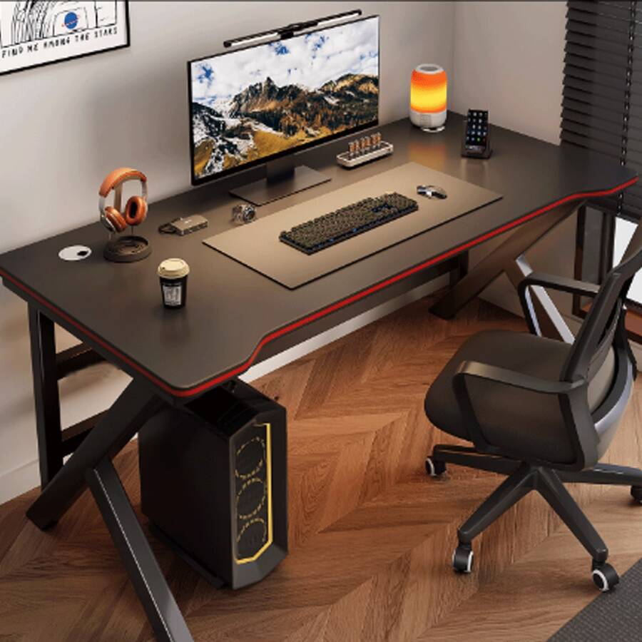 Gaming Table, Office Desk, Computer Table, Carbon Fiber Surface, Gaming Table, Home Office Gamer Table, Ergonomic Computer Table, Large Carbon Fiber Desktop, Office Workstation, PC Gaming Workstation Home Office Desk, Ergonomic Computer Gaming Table, Large Computer Table With Cup Holder And Headphone Hook - Black - View 1
