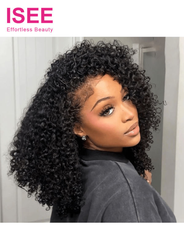 ISEE Peruca de cabelo humano ISEE, perucas sem cola, atualização 3 em 1, peruca com cordão, sem costura, dobrável, cabelo humano cacheado e crespo, sem cola, sem renda, para mulheres, densidade de 180%, 14-28 polegadas