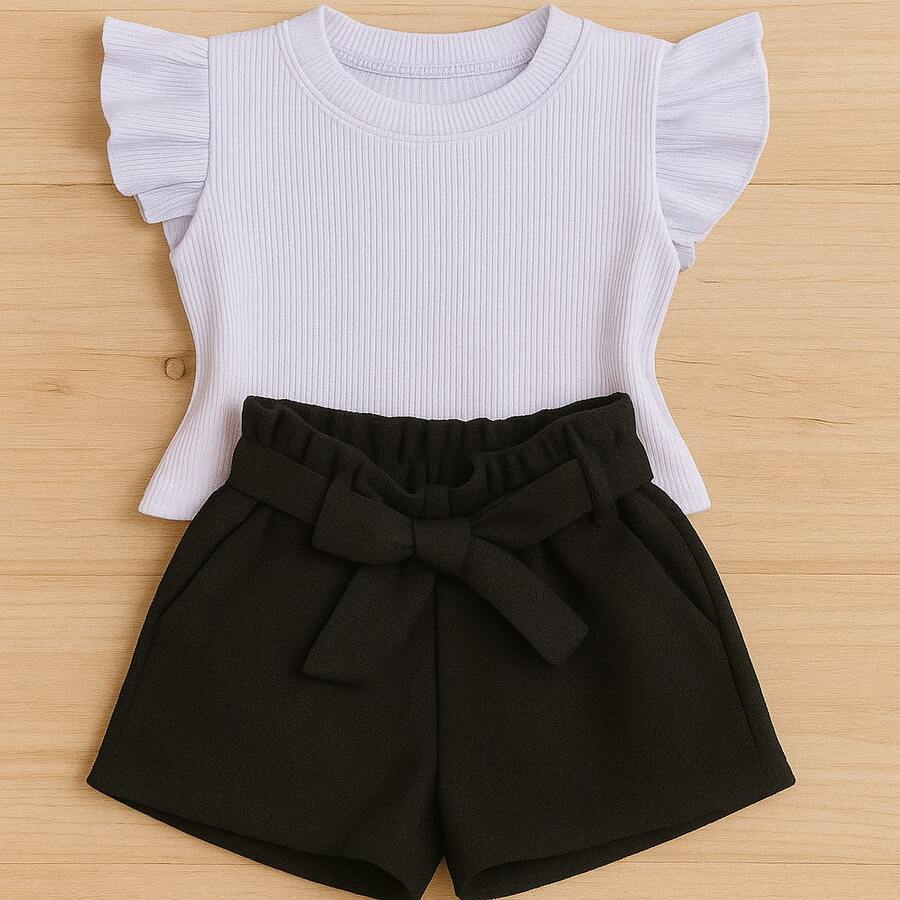 Children's Set Cropped Frufru Blouse + Linen Clochard Shorts Kit With 2 Super Stylish Pieces CJI033 - Black and White - View 1