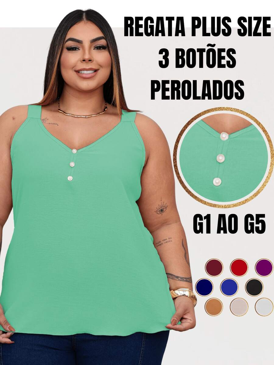 Duna Women's Plus Size Tank Top With Pearl Buttons GG G1 To G3 - 綠水 - 查看 1