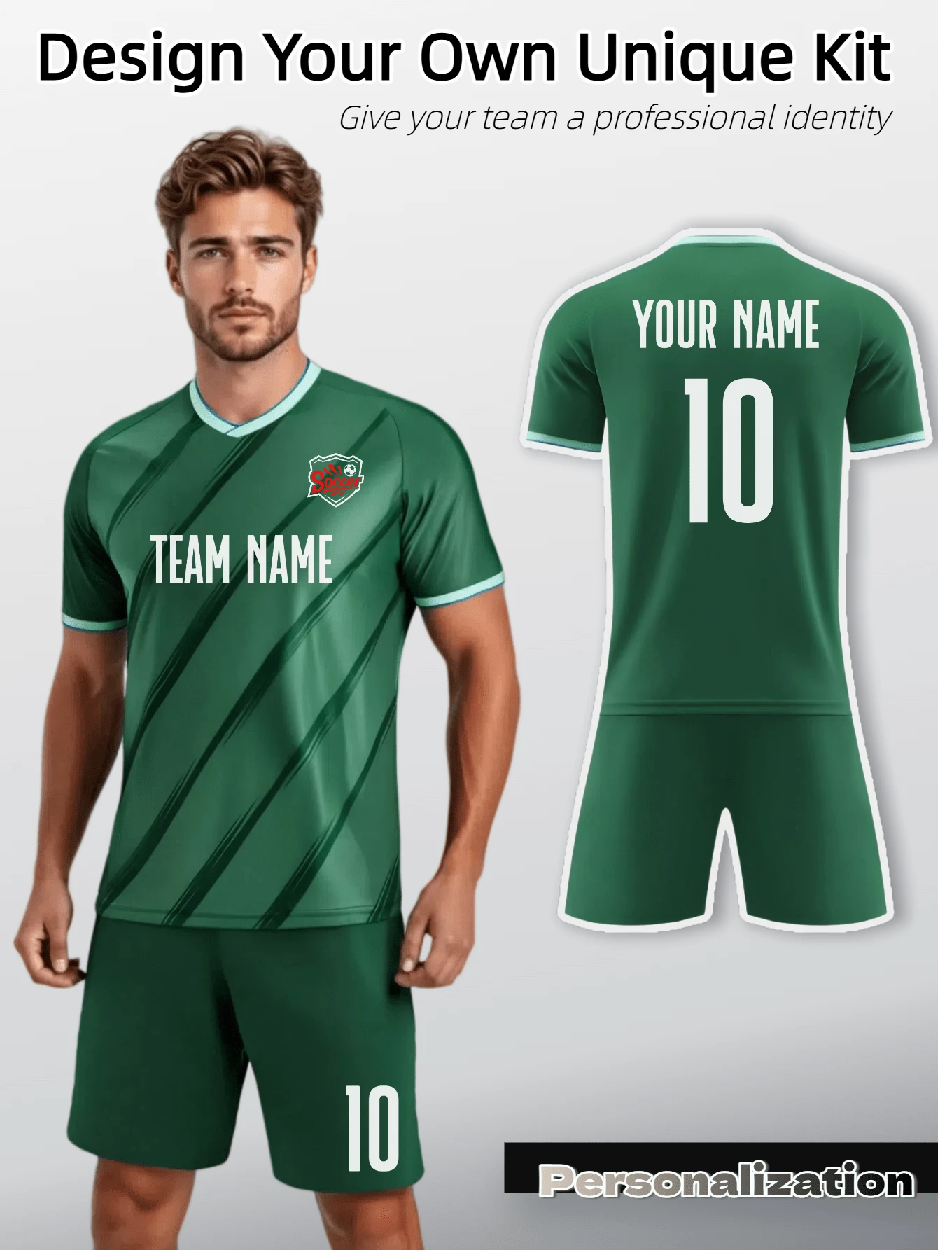 2pcs Custom Men's Football Training Uniform - Personalized Name & Number Printing (Front/Back) - Dark Green With Diagonal Stripes & Light Blue Trim - Matching Shorts - Quick - Dry Breathable - Perfect For Soccer, Volleyball, Basketball, Casual Wear