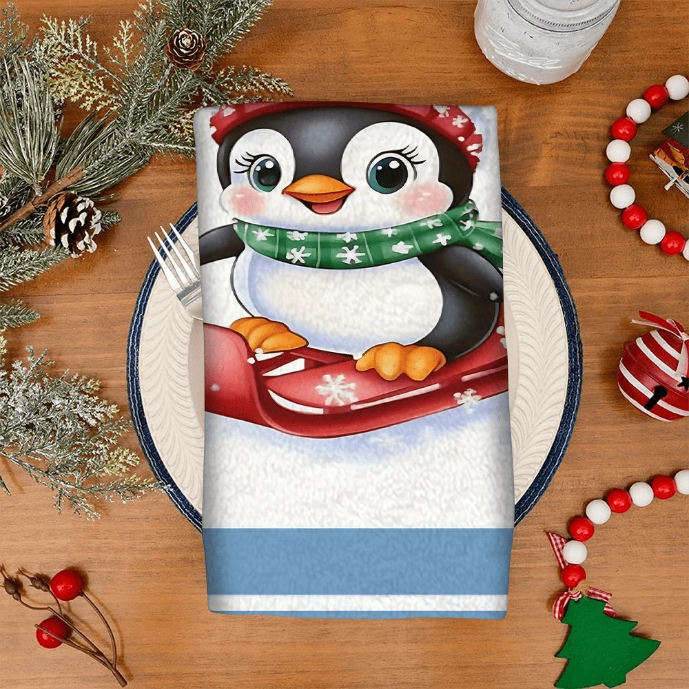 2/4 pièces Serviettes à motif pingouin, cadeaux de Noël, décorations de Noël, serviettes microfibre super absorbantes et modernes pour la cuisine, la cuisson, la vaisselle, le nettoyage, les serviettes de toilette, la décoration de cuisine, cadeaux pour les voisins, les mamans, les anniversaires, les pendaisons de crémaillère pour les amis, les essentiels de cuisine, les nécessités quotidiennes