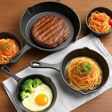 4-Piece Cast Iron Frying Pan Set, Kitchen Pot Set, Physical Non-Stick Pans With Integrated Anti-Scalding Handles, 10.2", 7.87", 6.3", 5.51" Pans, Suitable For Frying, Stir-Frying, Cooking, Pizza, Black, Cast Iron Cookware, Frying Pan