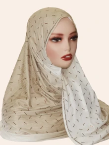 1pc Women's Elastic Hijab Soft Ombre Color Printed Striped Fabric Rectangular Scarf, Middle Eastern Style Rhinestone Decor, Fashionable Versatile Shawl For Daily Wear
