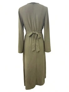 优雅圆领长袖连衣裙，系腰设计，返校季必备，春秋季单品 - 杏色 - 查看 8