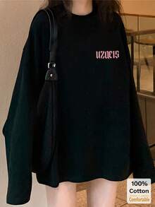 女式棉质长袖 T 恤，字母印花，宽松中长款上衣，秋冬，黑色，时尚别致