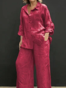 Áo khoác cardigan cổ polo nhẹ, kiểu dáng thanh lịch, màu trơn, phù hợp cho đi biển, mặc hàng ngày, đi làm, đi mua sắm, chất liệu mềm mại, quần ống rộng cạp chun, bộ 2 món, thích hợp cho mùa xuân/hè/thu. - Đỏ - Xem 3