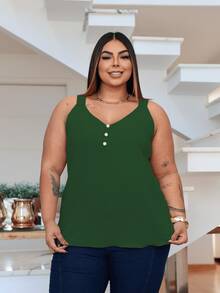 Duna Women's Plus Size Tank Top With Pearl Buttons GG G1 To G3 - Army Green - View 6
