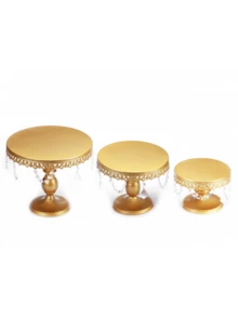 3Pcs Antique Cake Stand Set - Round Metal Cupcake Stands With Pendants And Beads - Elegant Dessert Display, For For Wedding, Birthday Party Decor, Gold/Champagne/Cream White,Holiday Decor,Christmas Gifts - 金色 - 查看 9