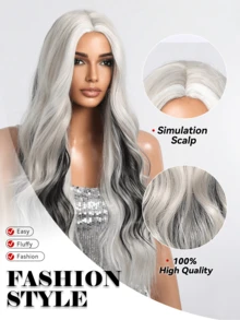 26 Inch Silver White Mix Black Wig Long Wavy Synthetic Wigs Multicolor Cosplay Halloween Fake Hair For Women Heat Resistant,Natural Sexy Simple Casual Sports Preppy Cosplay Heat Resistant Fake Hair Or Holiday Party Everyday Wear,Halloween Christmas Gifts, Gifts For Girlfriends,Gifts For Girlfriends - Piano Color - View 8