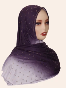 1pc Women's Elastic Hijab Soft Ombre Color Printed Striped Fabric Rectangular Scarf, Middle Eastern Style Rhinestone Decor, Fashionable Versatile Shawl For Daily Wear