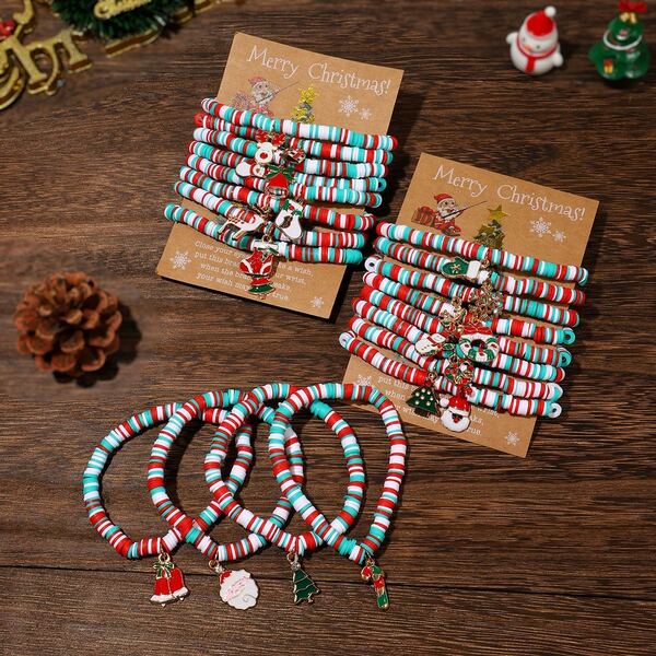 1pc A New Christmas Style Soft Clay White, Green And Red Mixed Color Multi-Layered Elastic Bracelet