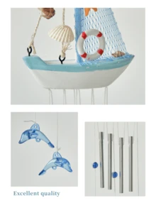 1 قطعة جرس رياح بتصميم قارب شراعي بموضوع المحيط مزين بنجوم البحر والصدف والدلافين لديكور المنزل