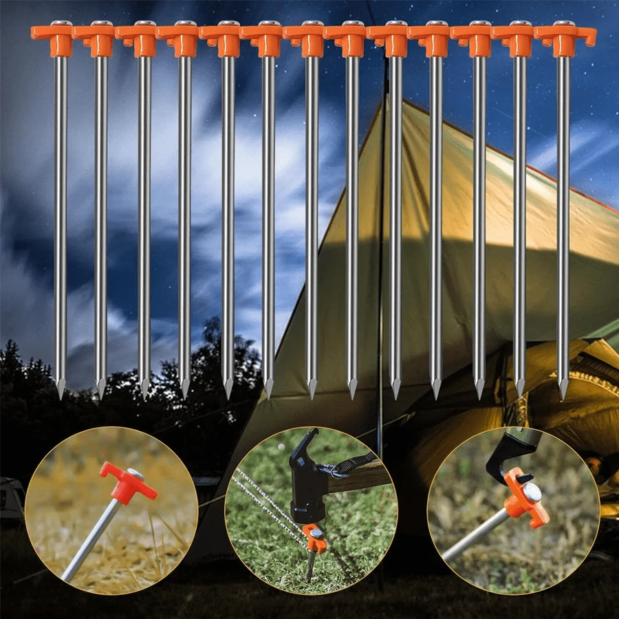 20 Pack 10in Sturdy Heavy Weight Iron Tent Peg Stakes, Orange & Silver Dual Coated Anti-Corrosion Anti-Slip Ground Spikes, Multipurpose Outdoor Fixing Anchors For Campsite Tent Canopy Awning Sun Shelter Installation - Orange - View 1