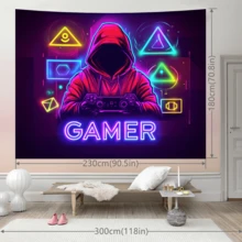 Neonowa, cyberpunkowa, reaktywna, UV, gobelinowa figurka z kapturem i kontrolerem do gier. Żywe geometryczne kształty. Sztuka ścienna w ultrafiolecie, niebieskim i żółtym. Retro, dekoracja do salonu gier. Bezpłatny pakiet instalacyjny. Łatwe do powieszenia.