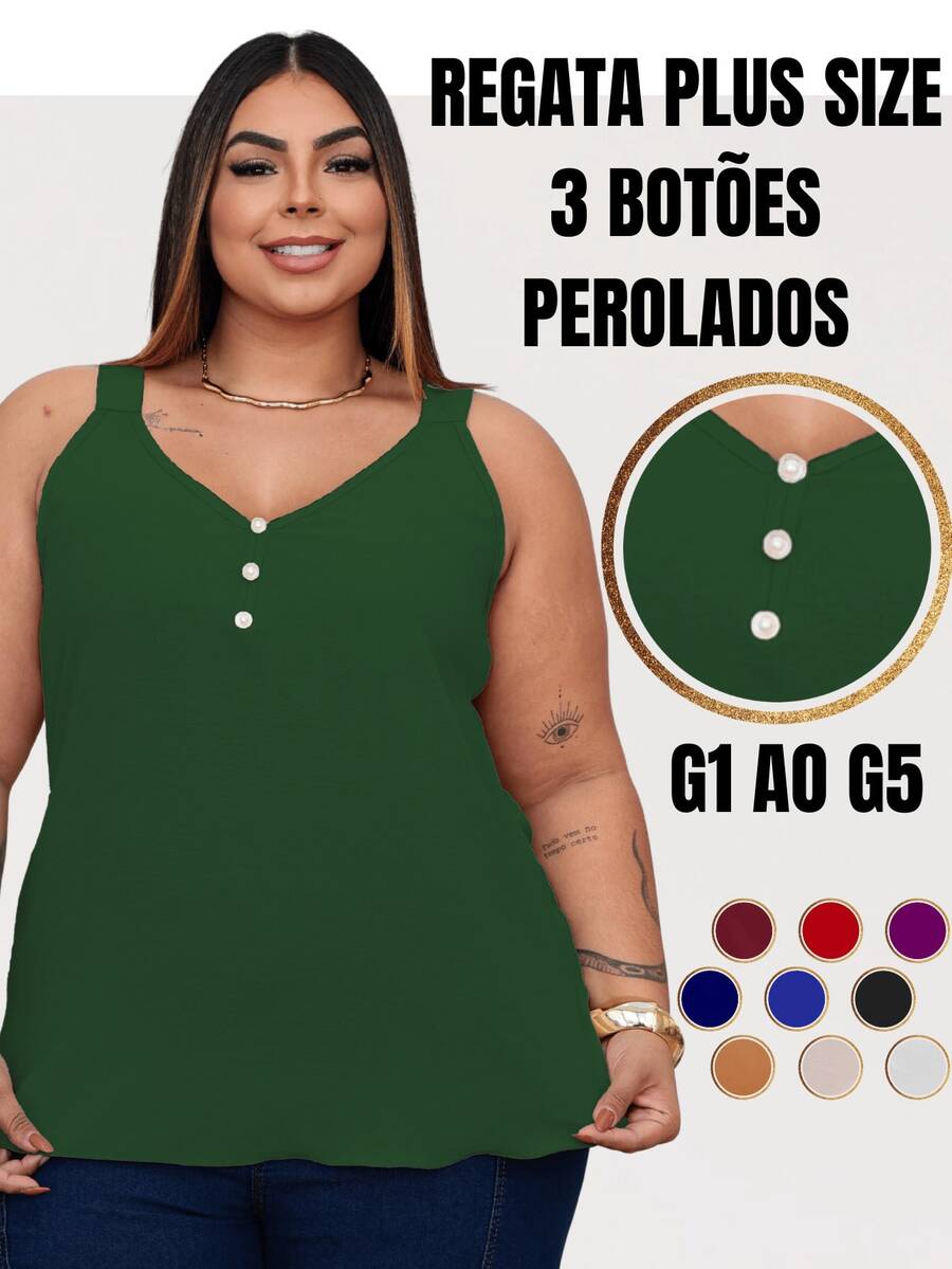 Duna Women's Plus Size Tank Top With Pearl Buttons GG G1 To G3 - Army Green - View 1