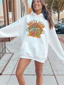 Women's  Graphic Print Cotton Hoodie, Long Sleeve Pullover Sweatshirt With Adjustable Drawstring Hood,Casual Loose Fit Fashion Top For Daily Wear And Relaxing Style, Featuring A Unique Happy Hour Inspired Design, Perfect For Adding Some Fun And Personality To Your Wardrobe, A Musthave For The Season! - 白色 - 查看 1