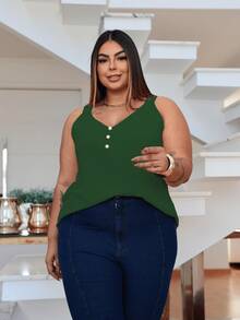 Duna Women's Plus Size Tank Top With Pearl Buttons GG G1 To G3 - Army Green - View 5