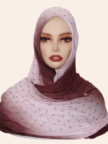 1pc Women's Elastic Hijab Soft Ombre Color Printed Striped Fabric Rectangular Scarf, Middle Eastern Style Rhinestone Decor, Fashionable Versatile Shawl For Daily Wear