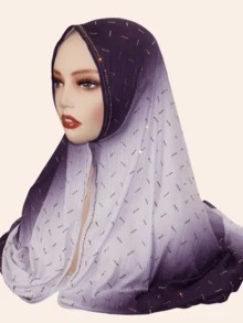 1pc Women's Elastic Hijab Soft Ombre Color Printed Striped Fabric Rectangular Scarf, Middle Eastern Style Rhinestone Decor, Fashionable Versatile Shawl For Daily Wear