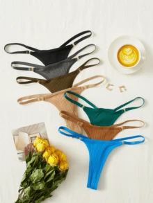 Kit Of 5 Ribbed Thong Panties With Bicolor Straps, Dental Floss, Premium Comfort Lingerie, Basic Women's Fashion - 彩色 - 查看 4