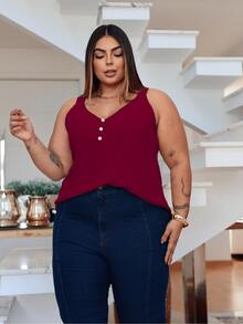 Duna Women's Plus Size Tank Top With Pearl Buttons GG G1 To G3 - 酒紅色 - 查看 7