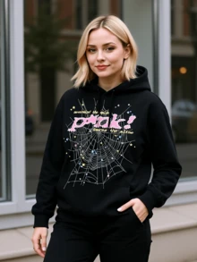 Men's Hip Hop Spider Web Pattern Graphic Alphabet Print Y2k Hoodie