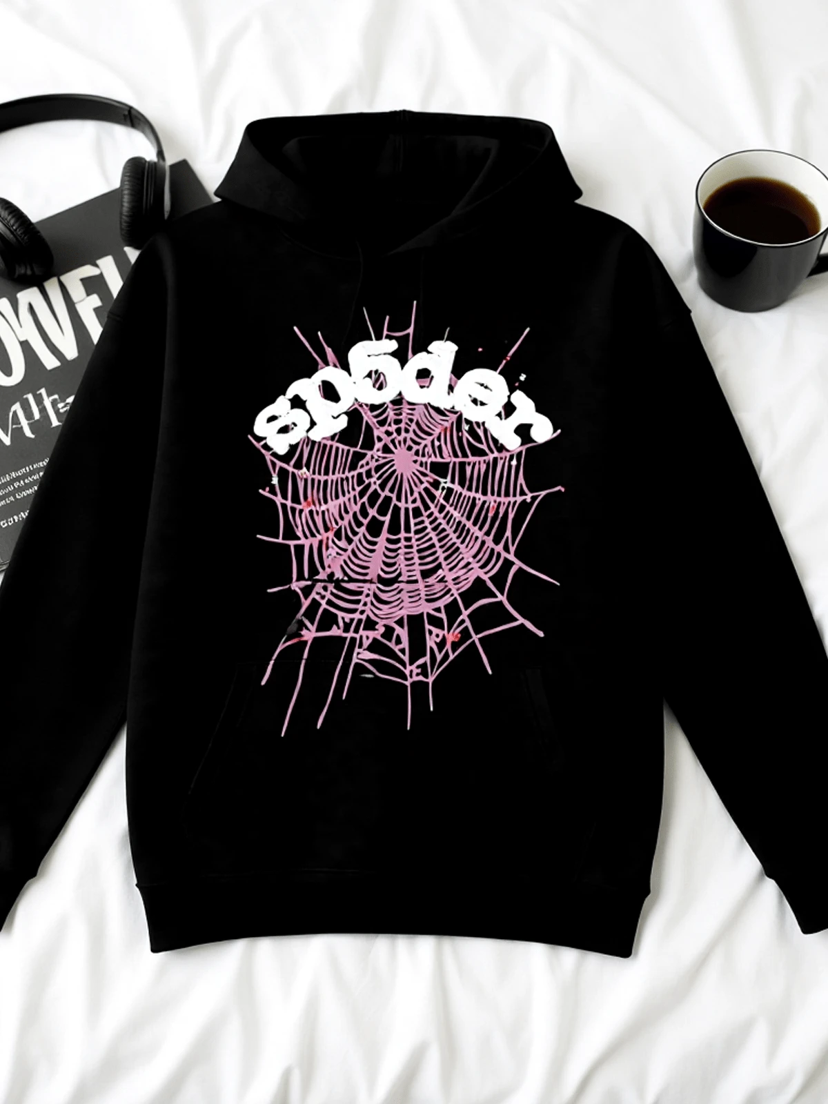 Men's Y2K Hoodie Hip Hop Spider Web Lettering Printed Sweatshirt - màu đen - Xem 1