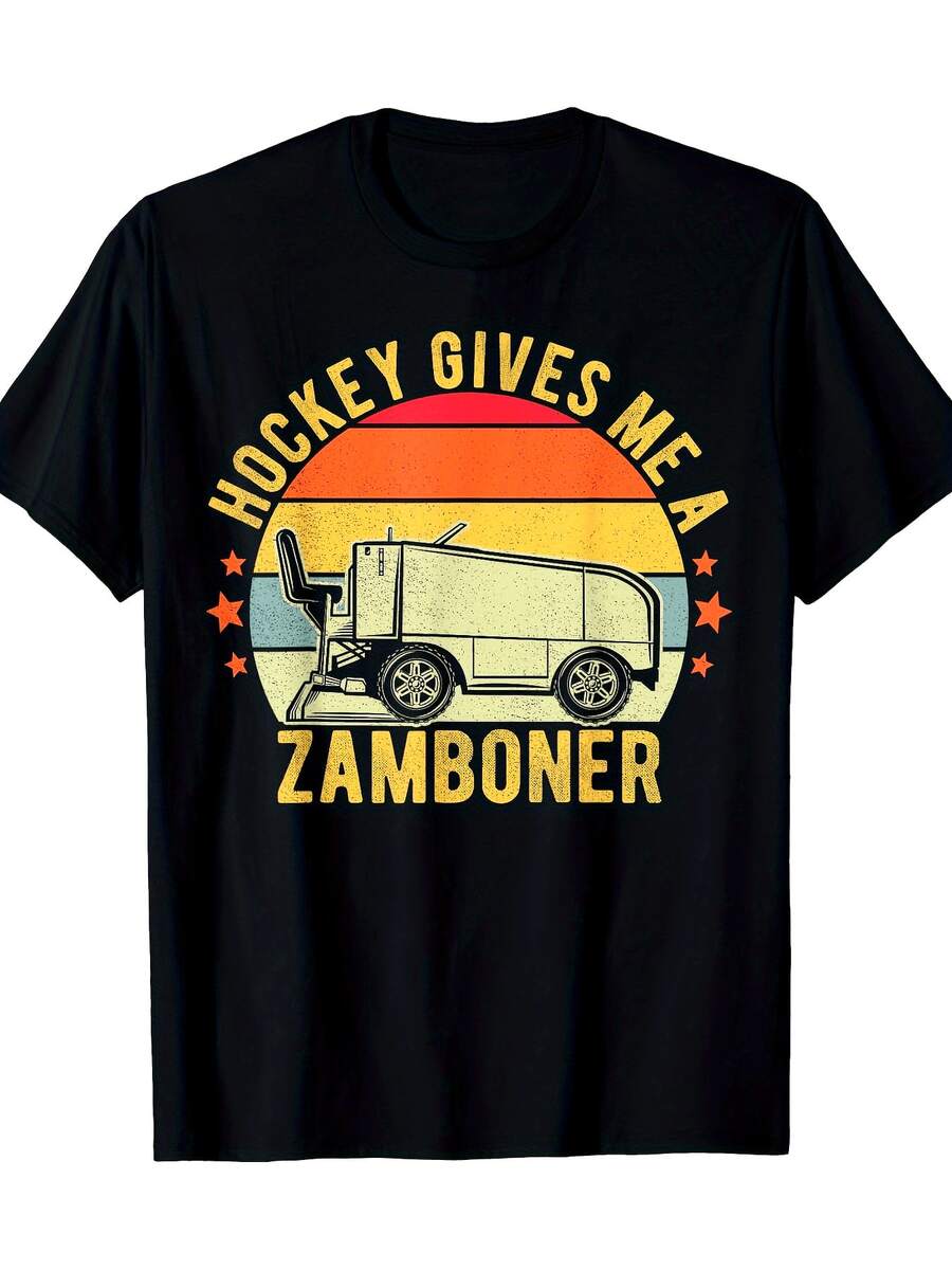 Hockey Gives Me A Zamboner Funny Hockey Fan Mens Funny Crew Neck Tee With Stylish Print Casual & Comfortable Travel Clothing For Fashion Enthusiasts Ideal For Summer, Spring, Fall, And Daily Wear T-Shirt - 220g - 黑色 - 查看 1
