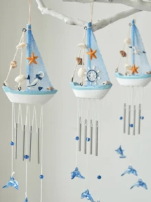1 قطعة جرس رياح بتصميم قارب شراعي بموضوع المحيط مزين بنجوم البحر والصدف والدلافين لديكور المنزل