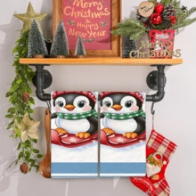 2/4 pièces Serviettes à motif pingouin, cadeaux de Noël, décorations de Noël, serviettes microfibre super absorbantes et modernes pour la cuisine, la cuisson, la vaisselle, le nettoyage, les serviettes de toilette, la décoration de cuisine, cadeaux pour les voisins, les mamans, les anniversaires, les pendaisons de crémaillère pour les amis, les essentiels de cuisine, les nécessités quotidiennes