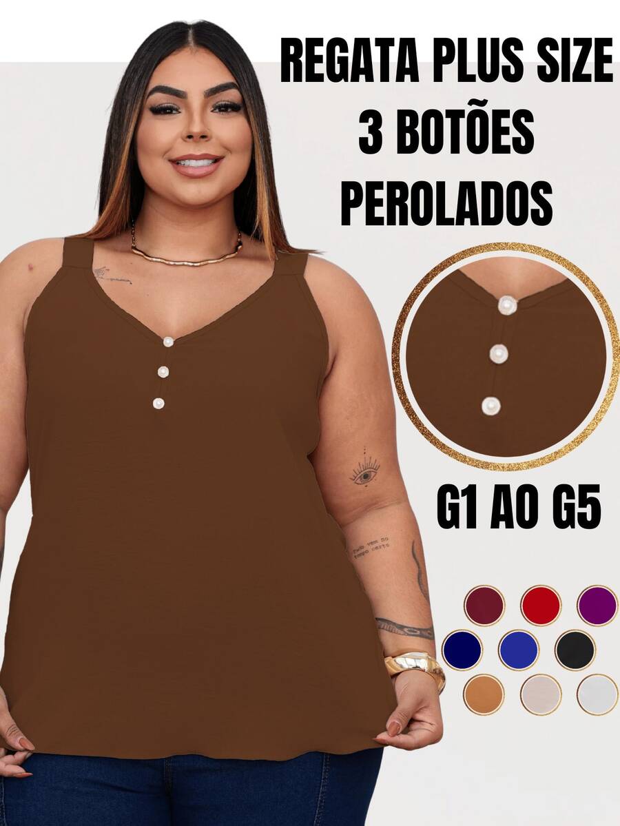 Duna Women's Plus Size Tank Top With Pearl Buttons GG G1 To G3 - 鏽棕色 - 查看 1