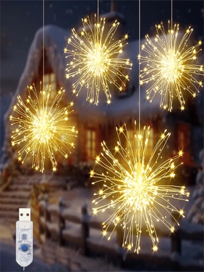 2/4 件悬挂式 LED 烟花灯，180/360LED，8 种照明模式，适用于人行道、后院和节日派对氛围中的户外花园装饰灯串，户外防水悬挂灯