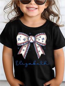 Girls' Graphic TShirt With Baseball Bow Print  Adorable Tee For Little League Fans  Soft & Comfortable Cotton Blend  Perfect For Casual Wear And Sports Outings  Stylish And Fun Design  Durable Fabric For Active Kids - 黑色 - 查看 1