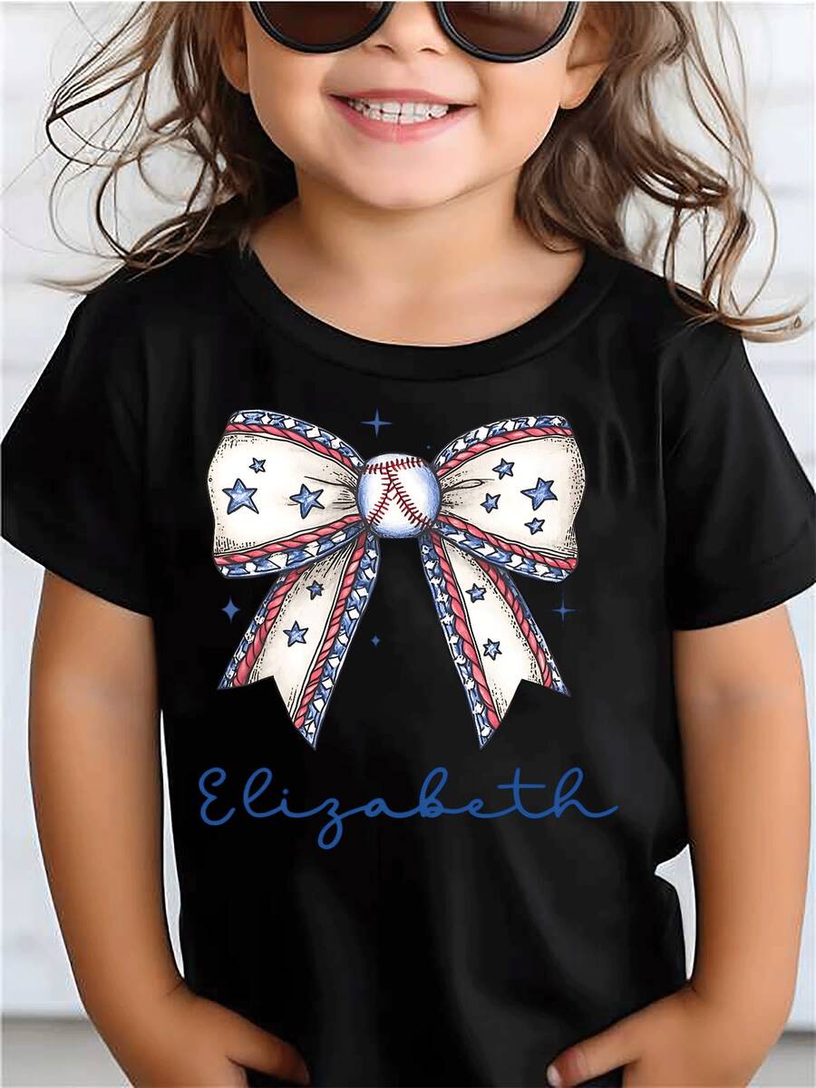 Girls' Graphic TShirt With Baseball Bow Print  Adorable Tee For Little League Fans  Soft & Comfortable Cotton Blend  Perfect For Casual Wear And Sports Outings  Stylish And Fun Design  Durable Fabric For Active Kids - 黑色 - 查看 1
