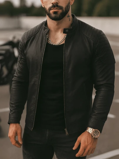 Chamarra Tipo Biker Hombre Vinipiel Slim fit Estilo Urbano, Cremallera, Interior de Franela