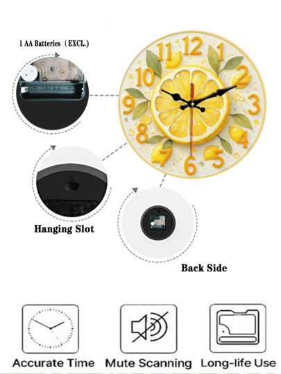 Pc 10 Inch/12 Inch Round Wand Clock, Refreshing Lemon Slice Bright s, Silent Does Not Tick, Home ation, Giving, AA Batteries (Batteries Included) Room view 5