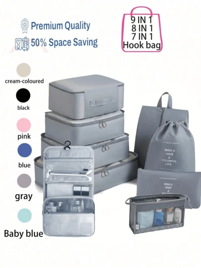 7pcs Travel Packing Cubes, Organizer Bags For Clothes, Underwear, Cosmetics, Waterproof Large Capacity Luggage Storage Bags