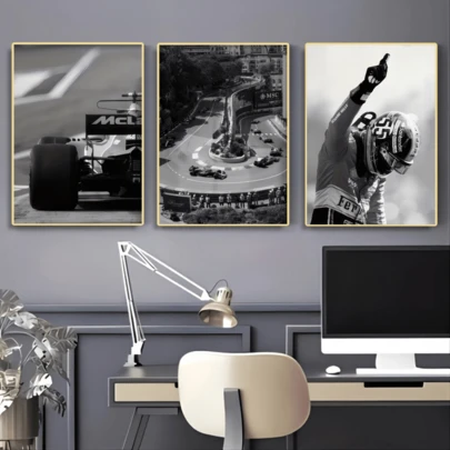 1 pièce/3 pièces Affiche d'art mural, cadre en option, thème de voiture de course F1 moderne en noir et blanc - Impression sur canevas de haute qualité, décoration murale pour chambre à coucher, salon, bureau - Design de voiture minimaliste, cadeau idéal, peinture sur canevas de décoration d'intérieur