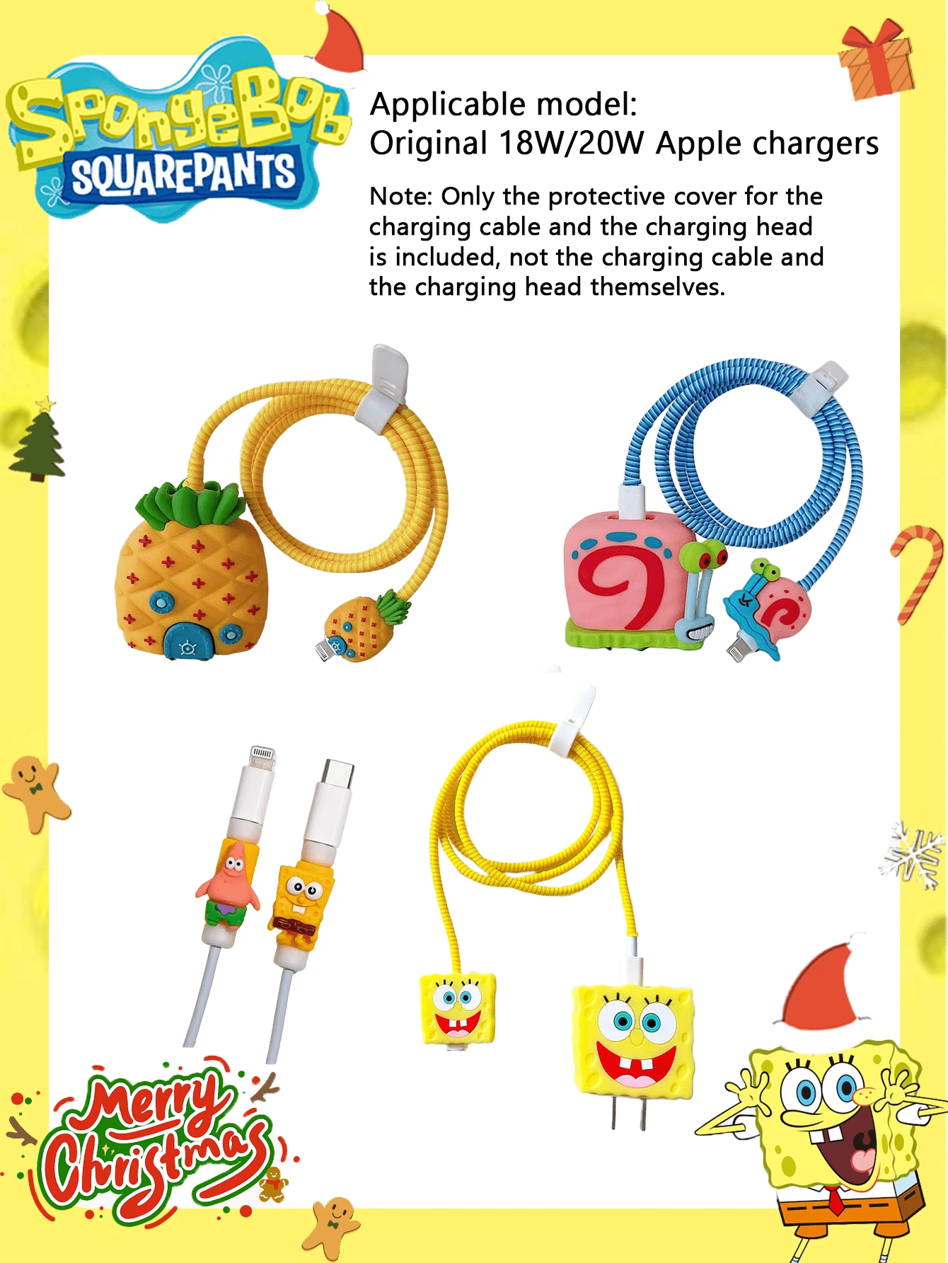 SpongeBob SquarePants Bộ 2/4 ốp bảo vệ sạc hình hoạt hình SpongeBob, tương thích với bộ sạc nhanh Apple 18/20W, kèm cuộn dây cáp. Là vật trang trí tuyệt vời cho các bữa tiệc ngày lễ, thích hợp làm quà tặng cho bạn bè, trang trí nhà cửa/phòng ốc, và là món quà Giáng sinh lý tưởng cho bạn gái/Ngày Valentine. - Nhiều màu - Xem 1