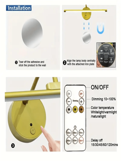 1PC Remote Control Wiring Free USB Plug In Charging Wand Lamp Infinite Three Button Dimming, 360 Degree Rotation Wireless Magnetic Lamp, Small Night out Punching, Bedside Bedroom Reading Washing ative Painting Lighting, Tree Exhibition Hall ation (1800mAh) view 7