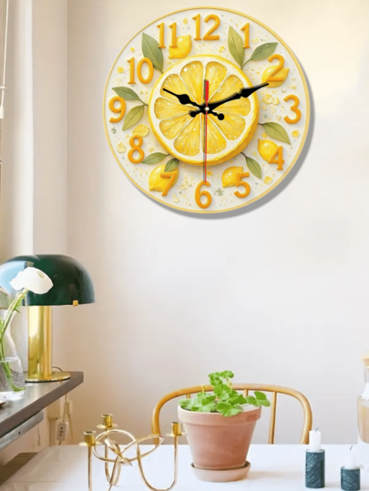 Pc 10 Inch/12 Inch Round Wand Clock, Refreshing Lemon Slice Bright s, Silent Does Not Tick, Home ation, Giving, AA Batteries (Batteries Included) Room view 4