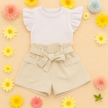 Children's Set Cropped Frufru Blouse + Linen Clochard Shorts Kit With 2 Super Stylish Pieces CJI033 - 裸色與白色 - 查看 1