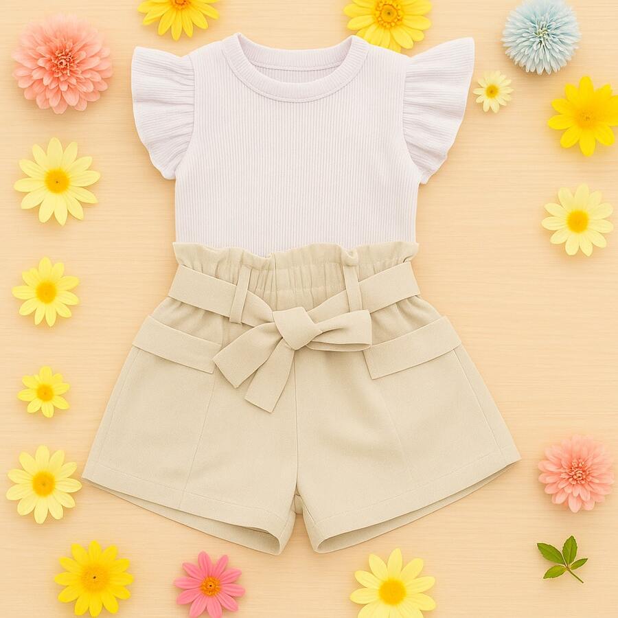 Children's Set Cropped Frufru Blouse + Linen Clochard Shorts Kit With 2 Super Stylish Pieces CJI033 - 裸色與白色 - 查看 1
